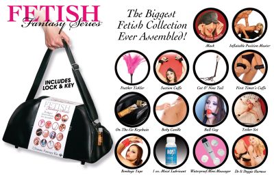 Our Biggest Fetish Collection Ever Assembled! We put together the ultimate collection of everything you could possibly need for a weekend of hot fetish fantasies! We tried to think of everything so you will not have to! The Ultimate Fantasy Kit includes: Satin Love Mask - Inflatable Position Master - Feather Tickler - Suction Cuffs - Cat O'Nine Tail Whip - First Timer's Cuffs - On-The-Go Keychain Warming Lotion - Hot Wax Candle - Ball Gag - Tether set - Bondage Tape - 1oz. Moist Lubricant - Waterproof Mini Massager - Do It Doggie Harness
